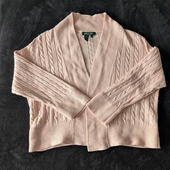 Lauren Ralph Lauren Peach Pink Silk Cashmere Open Cardigan Prep Old Money Pet/L - Picture 2 of 10